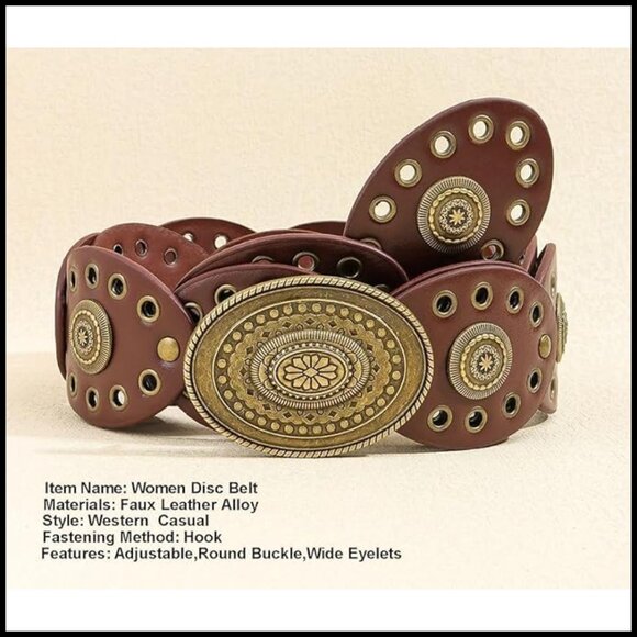Western Concho Disc Belt Vintage Boho Style Adjustable Wide Cowgirl Accessory - Picture 4 of 6